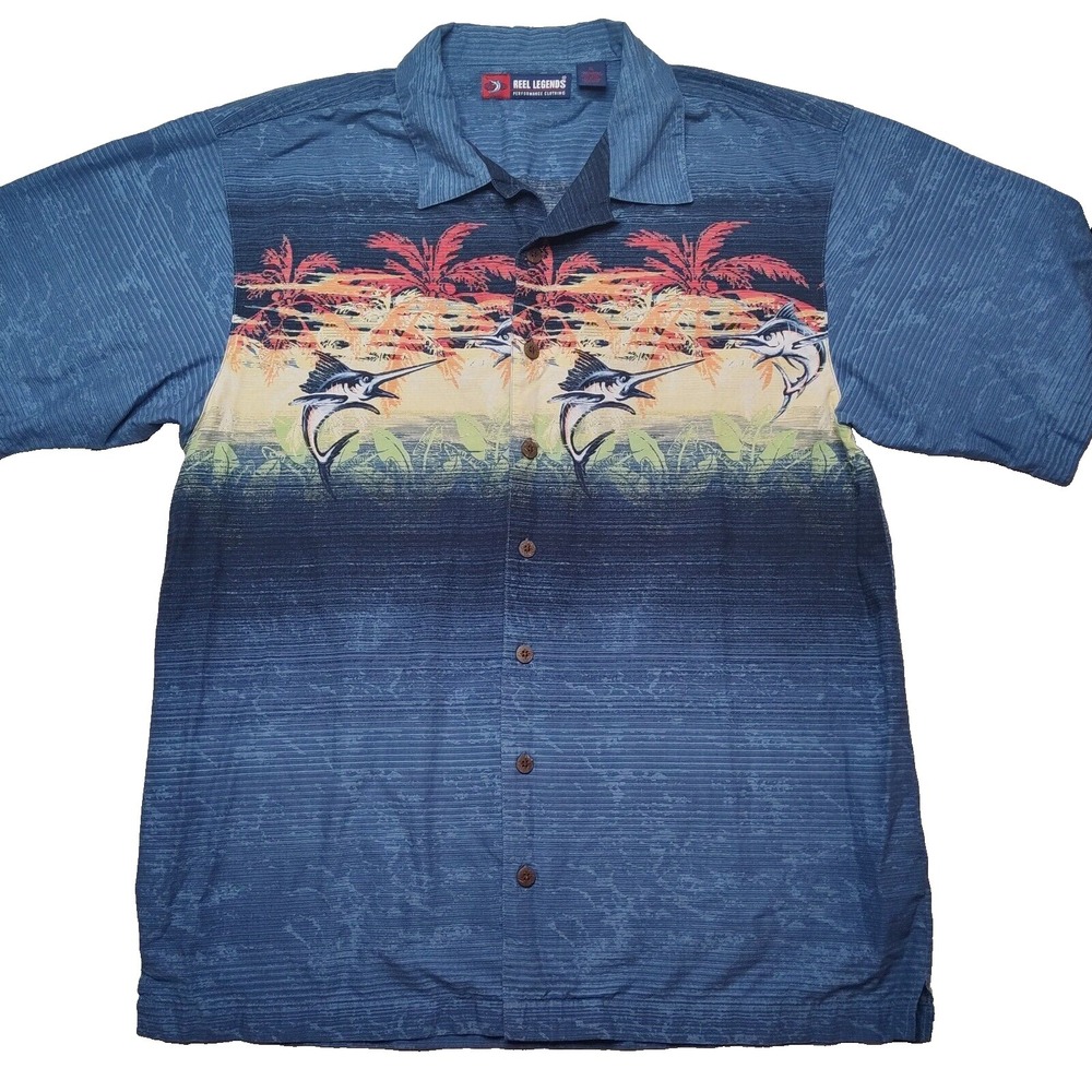 REEL LEGENDS Men XL Hawaiian MARLIN SAILFISH Blue Button Short Sleeve Camp Shirt